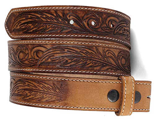 F&L CLASSIC Belt for buckle Western full grain Leather Engraved Tooled Strap w/Snaps for Interchangeable Buckles, USA,2022-06, size 32