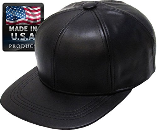 Leather-BBCAP BLK Genuine Leather Flat Bill Baseball Hat Cap - Made in USA