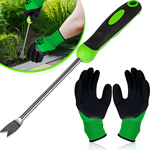 Weed Puller Tool Garden Hand Weeder Tool Hand Weeder Dandelion Weeder Tool with Ergonomic Handle Stainless Steel Weed Puller with Gloves for Garden Weed Removel, Manual Weed Puller Bend