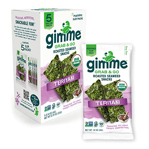 gimMe Grab & Go - Teriyaki - 5 Count - Organic Roasted Seaweed Sheets - Keto Vegan Gluten Free - Great Source of Iodine & Omega 3s - Healthy On-The-Go Snack for Kids Adults