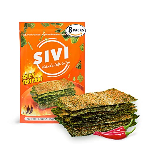 SIVI Teriyaki Seasoning Seaweed Snacks, Vegan, Plant Based, High Protein & Gluten Free Seaweed Chips with Omega 3, Natural Iodine Source, Healthy Snacks For Kids & Adults, 0.63 oz, Pack of 8