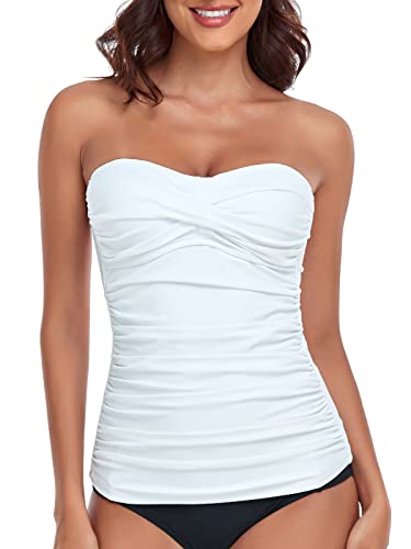 RELLECIGA Women's White Ruched Bandeau Tankini Top Swimsuits Size Medium