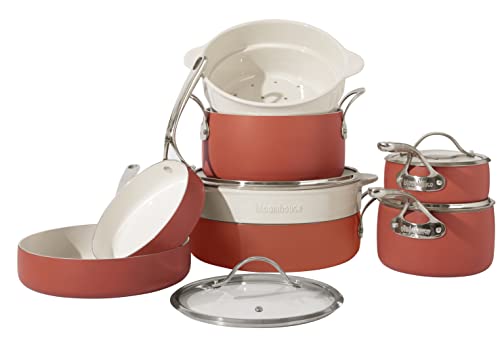 Bloomhouse - Oprah's Favorite Things -12 Piece Aluminum Enamel Cookware Set w/Non-stick Non-toxic Ceramic Interior, Ceramic Steamer Insert, & 12 Protective Care Bags - Terracotta Orange