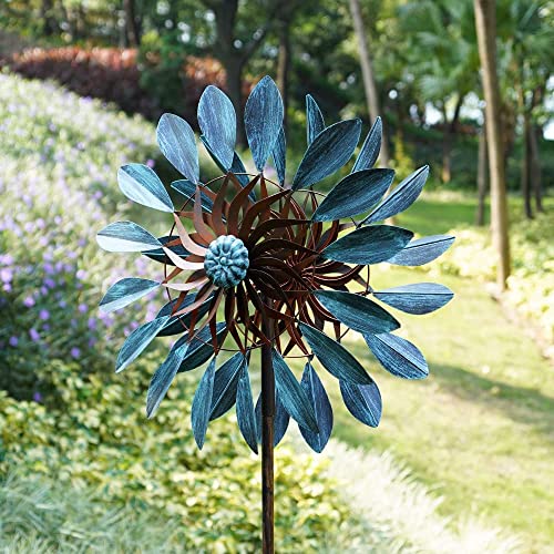 Hourflik Wind Spinners for Yard and Garden, Large Teal Metal Windmill for Outdoor Yard Lawn Garden Decor, Double Windmill Sculptures with Stable Metal Stake, 24 * 84in