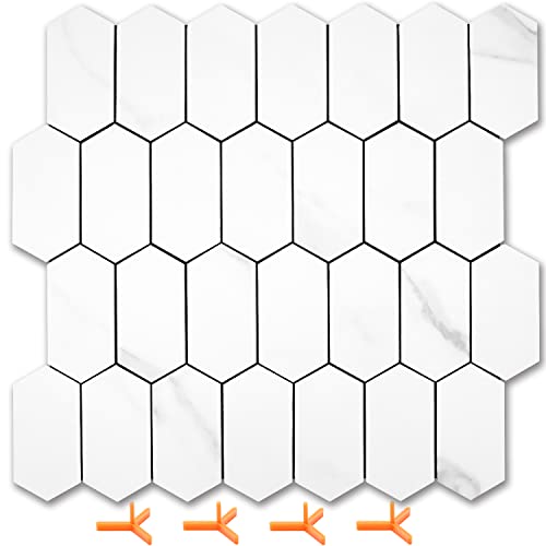 Vamos Tile Long Hexagon Peel and Stick Backsplash Tile - 10 Sheets Stick on Backsplash for Kitchen and Bathroom 12.4 x 12 Inch White Marble Look PVC Self Adhesive Mosaic Wall Tiles