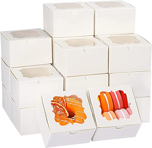 TOMNK 60pcs 4 Inches White Bakery Boxes Small Cookie Boxes Kraft Baking Boxes with Window for Strawberries Chocolate Dessert Pastry Treat Candy Donuts Mini Cake and Party Favor 4x4x2.5 Inches