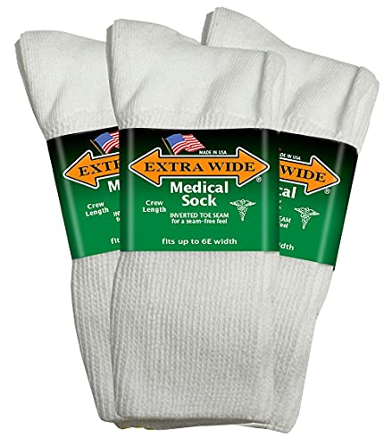 Extra Wide Medical Mid Calf Crew (Pack of 3), Diabetic Socks, Made in USA, for Men and Women (as1, alpha, l, regular, regular, White)
