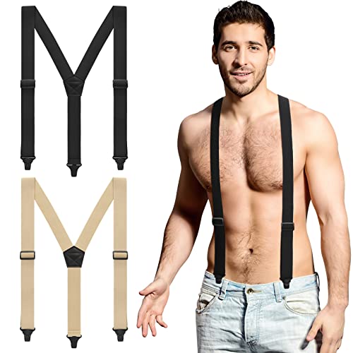 Janmercy 2 Pcs Under Clothing Suspenders for Men Airport Suspenders Plastic Clips Hiking Hidden Suspender for Men (Black, Khaki, Y Shape)