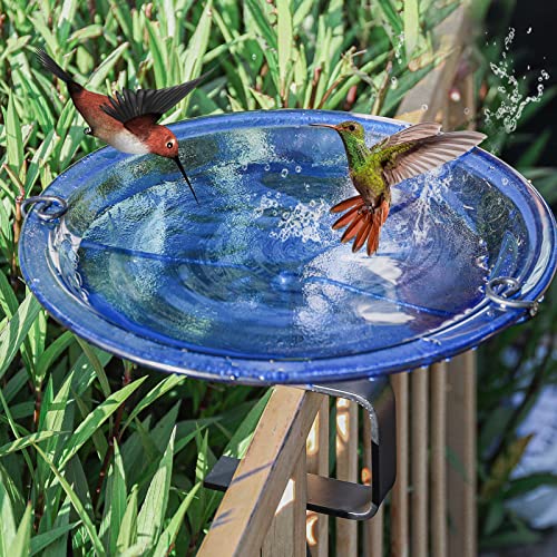 MUMTOP Deck Mounted Bird Bath, Glass Bird Baths Bowl Spa with Adjustable Sturdy Steel Clamp for Outdoor Garden Patio Lawn Yard Deck Railing Decoration, Blue