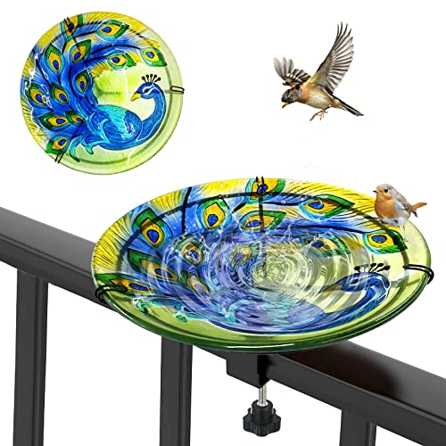 LEWIS&WAYNE Deck Mounted Glass Bird Baths for Outdoors, 10.5 Inch Bird Feeder Bowl for Garden Patio Yard Balcony Fence Railing- Peacock Design