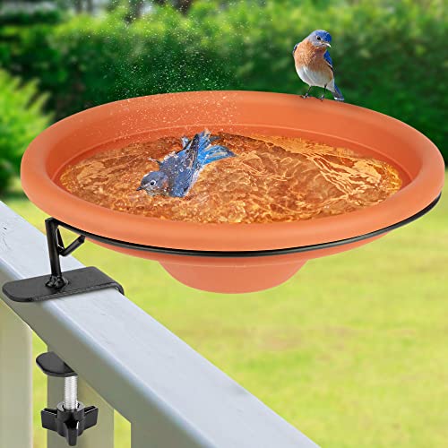 Gray Bunny Bird Bath Bowl 12 Deck Mounted Bird Feeder Bowl with Sturdy Rust Resistant Steel Clamp, Detachable, Ceramic Color, Great Gift for Bird Lovers