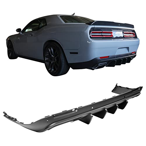 IKON MOTORSPORTS, Rear Diffuser Compatible With 2015-2023 Dodge Challenger, IKON V2 Style Matte Black PP Rear Bumper Lip Spoiler Diffuser Shark Fins, 2016 2017 2018 2019 2020 2021