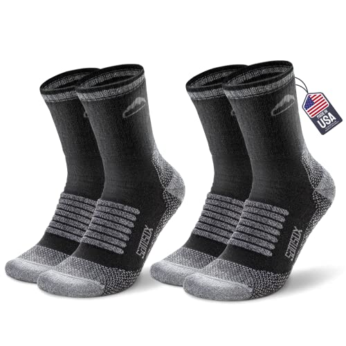 SAMSOX 2-Pack Merino Wool Hiking Sock, Made in USA, Black/Grey S/M