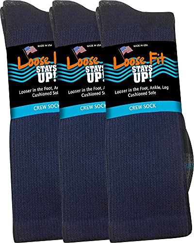 Loose Fit Stays Up Men's and Women's Casual Crew Socks (Pack of 3) Made in USA! Cushioned Sole (Large, Navy)