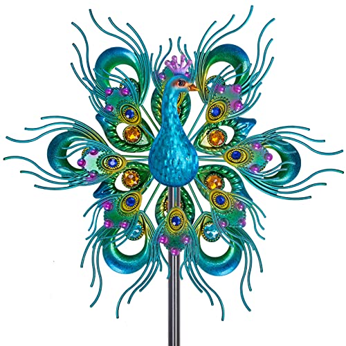 DREAMSOUL Peacock Wind Spinner 60" Double Wind Sculpture Spinner Outdoor Metal Stake Yard Spinners Garden Decorative Kinetic Wind Catcher Windmills for Patio Yard Lawn Garden Decor