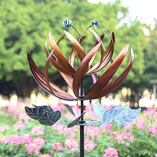 Kinetic Garden Wind Spinner, 24" Wide, 84" High Windmill - Decorative Wind Spinners for Home Outdoor Patio, Lawn & Garden Decoration (Copper Lotus)