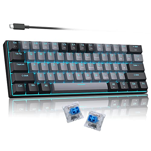 60 Percent Mechanical Gaming Keyboard, Black&Gray Mixed Color Keycaps Gaming Keyboard with Blue Switches, Detachable Type-C Cable Mini Keyboard with Powder Blue Light for Windows/Mac/PC/Laptop