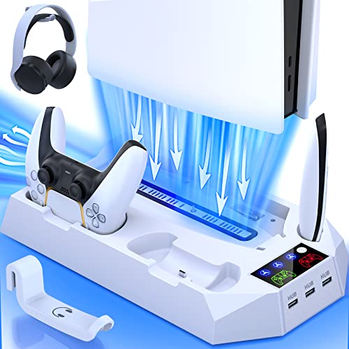 PS5 Stand with PS5 Controller Charging Station Cooling Station for Playstation 5 PS5 Console Disc/Digital Edition, PS5 Accessories-Cooler Fan/Remote Charger/Media&Headset Holder/3-USB Hub/Screw White