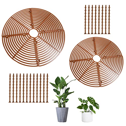 2 Pcs Plant Pot Grid with Center Cutout,Cuttable Grid Flower Pot Cover, Plastic Soil Plant Protectors from Animals Baby Safety Plant Cover Plant Pot Cover with Stake(22.8+11.8in)
