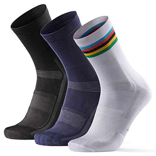 DANISH ENDURANCE Cycling Socks for Men & Women, 3 Pack Regular Ankle Crew Breathable Bike Socks (Multicolor (1 x stripes, 1 x black, 1 x blue), US Women 11-13 // US Men 9.5-12.5)