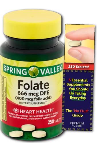 Folate 666 mcg DFE (Vitamin B9) - 400 mcg Folic Acid - 250 Day Supply of Tablets - from Spring Valley + Vitamin Pouch and Guide to Supplements