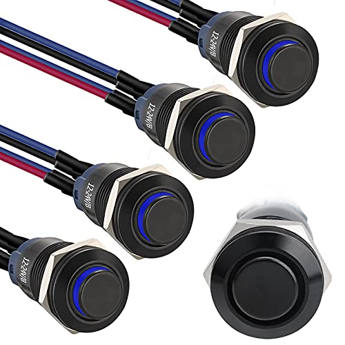 Starelo 5pcs 12mm Latching led Push Button Switch Black Shell with pre-Wiring, IP65 Waterproof Push Button Switch,1NO 1 Normally,Self-Locking with LED(Blue).