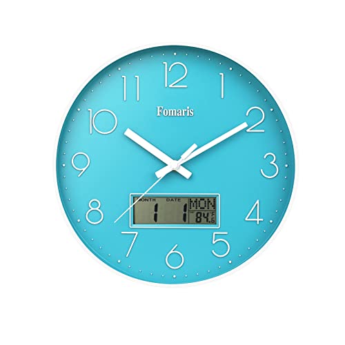 Outdoor Wall Clock 12 Inch with Thermometer Date, Battery Operated Non-Ticking Clocks for Patio, Pool (Teal)