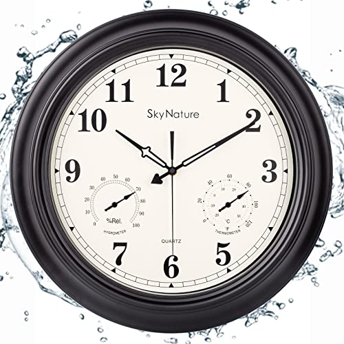 SkyNature Large Outdoor Clock, Waterproof Patio Outdoor Clock with Thermometer and Hygrometer Combo, 18 Inch Outdoor Clocks for Porch, Fence, Balcony - Metal Matte Black