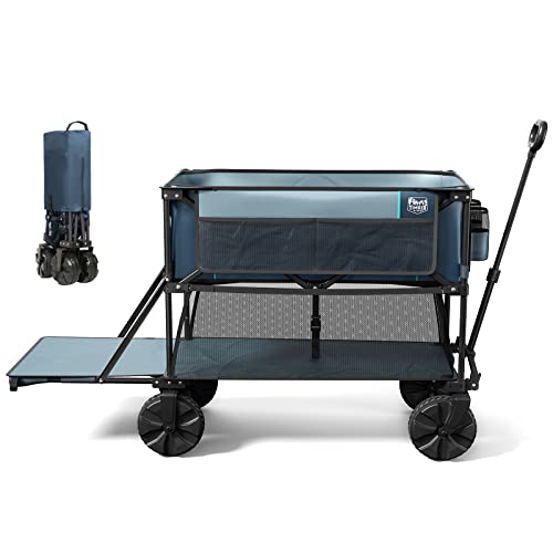 TIMBER RIDGE Folding Double Decker Wagon, Heavy Duty Collapsible Wagon Cart with 54" Lower Decker, All-Terrain Big Wheels for Camping, Sports, Shopping, Garden and Beach, Support Up to 225lbs, Blue