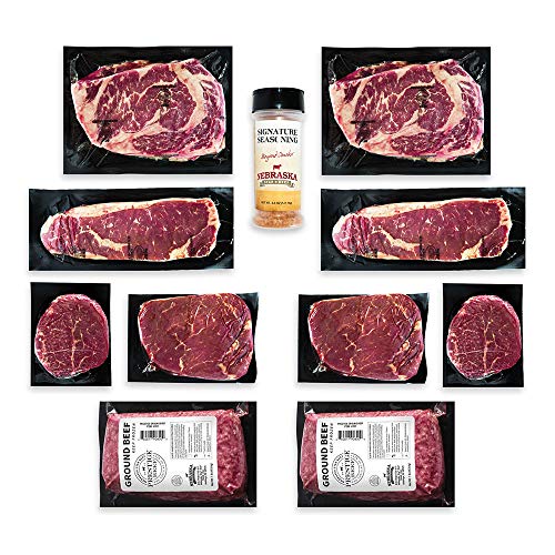 Aged Angus Filet Mignon, Top Sirloin, NY Strip, Ribeye, and Premium Ground Beef by Nebraska Star Beef - Prestige - Hand Cut and Trimmed - Steak Gift Package, Includes Signature Seasoning