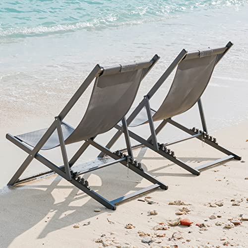 RICNOD Outdoor Patio Chairs Folding Sling Chairs Set of 2 Portable Aluminum Lounge Chairs Adjustable Beach Chairs Reclining Lawn Chairs with Headrest, Grey