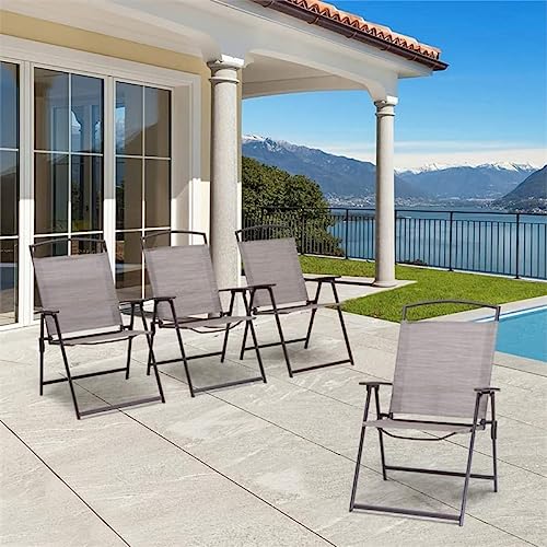 Crestlive Products Set of 4 Patio Folding Chairs 4-Pack Dining Chairs Outdoor Portable Sling with Armrest for Camping, Beach, Garden, Pool, Backyard, Deck (Beige)