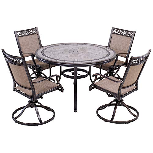 dali Outdoor 5 Piece Dining Set Patio Furniture, Aluminum Swivel Rocker Chair Sling Chair Set with 46 inch Round Mosaic Tile Top Aluminum Table