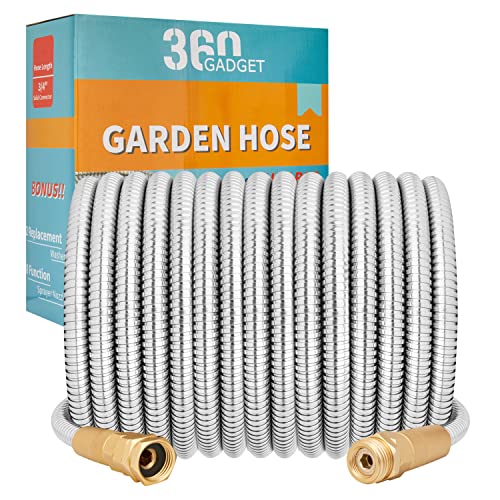 360Gadget Garden Hose Metal - 75ft Heavy Duty Stainless Steel Water Hose with 8 Function Sprayer & Metal Fittings, Flexible, Lightweight, No Kink, Puncture Proof Hose for Yard, Outdoors, Rv