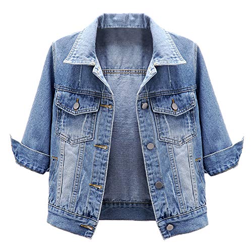 LifeShe Women's 3/4 Sleeve Short Denim Jacket Light Cropped Jean Jackets Coats