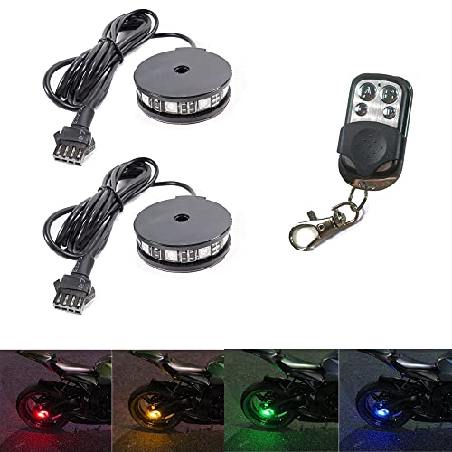 NBWDY 2Pcs RGB LED Motorcycle Wheel Light Kits with 4-Key RF Wireless Remote Controller,Custom Waterproof Multi-Color Underglow Neon Accent Glow Pod Rim Light for Motorcycle Car Bike Golf Cart