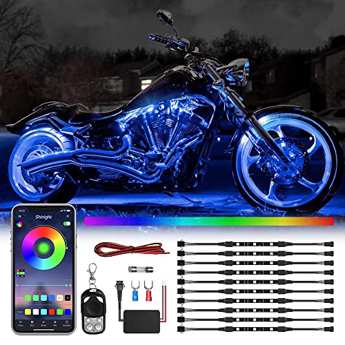 SHINIGHT 10 Pcs Motorcycle LED Light Kits, App Control Multicolor Waterproof Strip Lights with RF Remote, Music Sync & Multiple Scene Modes RGB LED Lights for Motorcycles