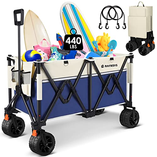 Beach Wagon Carts with Big Wheels for Sand, Raynesys 440 lbs Heavy Duty Foldable Wagon with 200L Capacity, All Terrain Utility Wagon, Beige+Blue