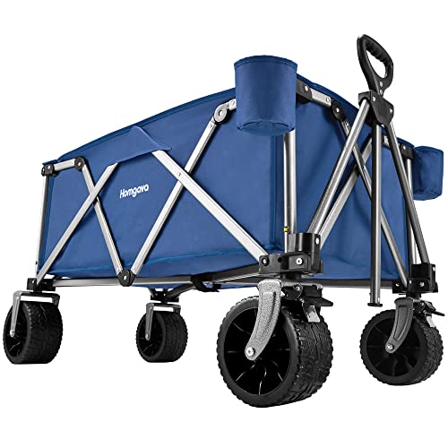 Homgava Heavy Duty Folding Wagon Cart,Portable Large Capacity Beach Wagon,Collapsible Wagon with Big Wheels,Outdoor Utility Garden Cart for Camping Fishing Sports Shopping,Blue