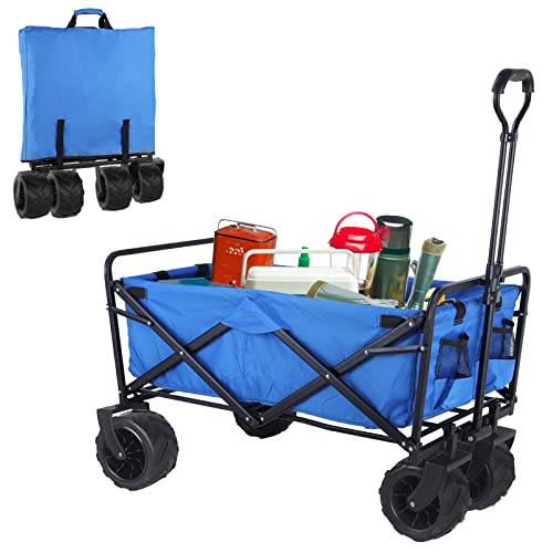 AthLike Heavy Duty Steel Collapsible Folding Wagon, 270LBS Outdoor Beach Garden Utility Wagon Cart w/7'' All Terrain Wheels, Portable Adjustable Handle Camping Cart with Carry Bag & Cup Holders, Blue