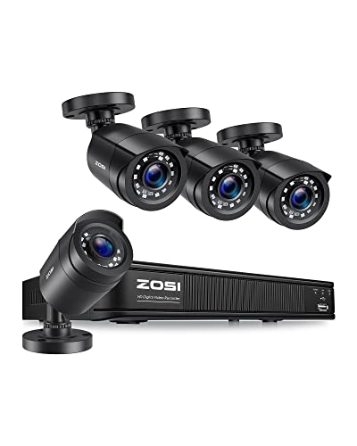 ZOSI H.265+1080p Home Security Camera System,8 Channel 5MP-Lite CCTV DVR with 4 x 1920TVL Weatherproof Surveillance Bullet Camera Outdoor/Indoor with 80ft Night Vision,Remote Access, Motion Alerts