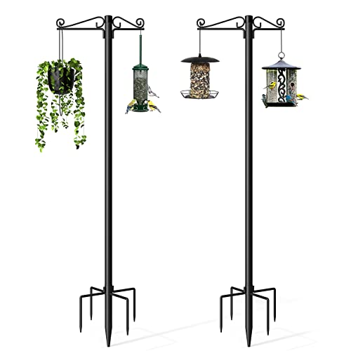 Mr IRONSTONE Adjustable Bird Feeder Pole, Double Shepherds Hooks for Outdoor Hanging of Plants Baskets, Solar Lanterns, Wind Chimes, 76" Bird Feeder Stand Heavy Duty with 5 Prongs Base, 2 Pack