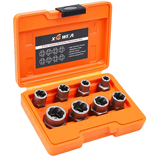 XEWEA Impact Bolt & Nut Remover Set, 8PCS 3/8" Drive Bolt Extractor Set Tool for Removing Stripped, Damaged, Rounded off and Broken Bolts & Nuts with Storage Case