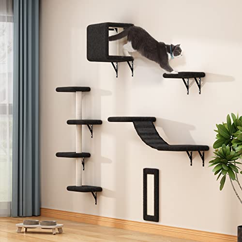 COZIWOW 5 Pcs Wall-Mounted Cat Climber Set, Wood Indoor Cat Furniture with Cat Shelves and Perches, Ladder, Cat Condo House, Scratching Board and Cat Tree, Cat Wall Shelves Furniture,Black