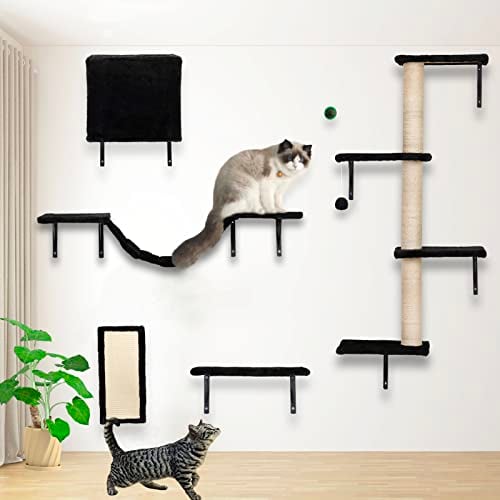 5 Pcs Wall-Mounted Cat Climber Set,Modern Wood Indoor Cat Furniture, Cat Wall Shelves Includes A Cat House, A Cat Bridge, A Cat Tree, A Cat Jumping Platform and A Cat Scratcher,Black (Black)