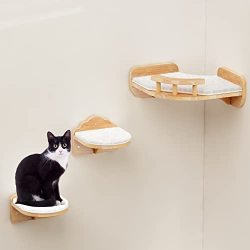 Megidok Corner Cat Climbing Shelf Perches Set Furniture, Cat Bed Wall Mounted with Soft Cushion, Modern Floating Stairs for Wall Indoor-Wood Color