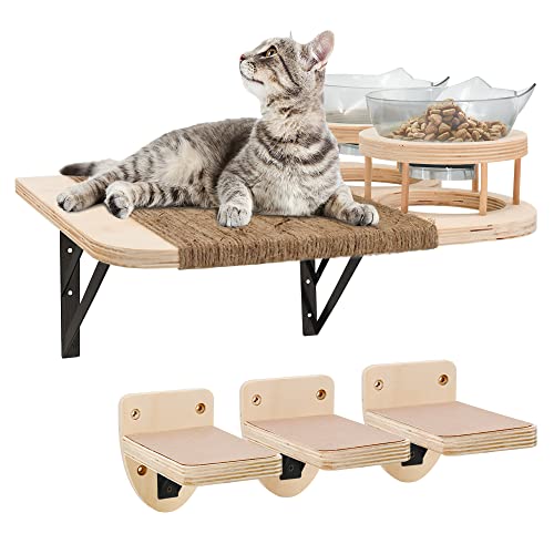 Cat Hammock Cat Wall Shelves with 3 Steps, Cat Shelves and Perches with 2 Cat Food Shelf, Cat Climbing Shelf Cat Scratching Post Cat Wall Shelf for Indoor, Cat Steps with Plush Covered, Gift for Cat