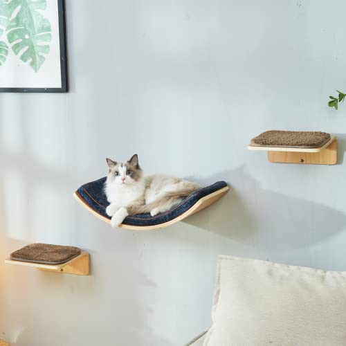 LIORCE Cat Wall Shelf with Two Steps - Curved Cat Shelves and Perches for Wall (Large Size) - Wall Mounted Cat Furniture for Sleeping, Playing, Climbing, and Lounging