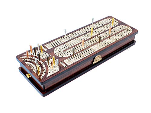 House of Cribbage - Continuous Cribbage Board / Box Inlaid in Rosewood / Maple : 4 Track - Side Drawers with Score Marking Fields for Skunks, Corners and Won Games