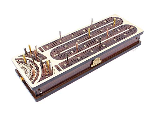 House of Cribbage - Continuous Cribbage Board / Box Inlaid in Maple / Rosewood : 4 Track - Side Drawers with Score Marking Fields for Skunks, Corners and Won Games